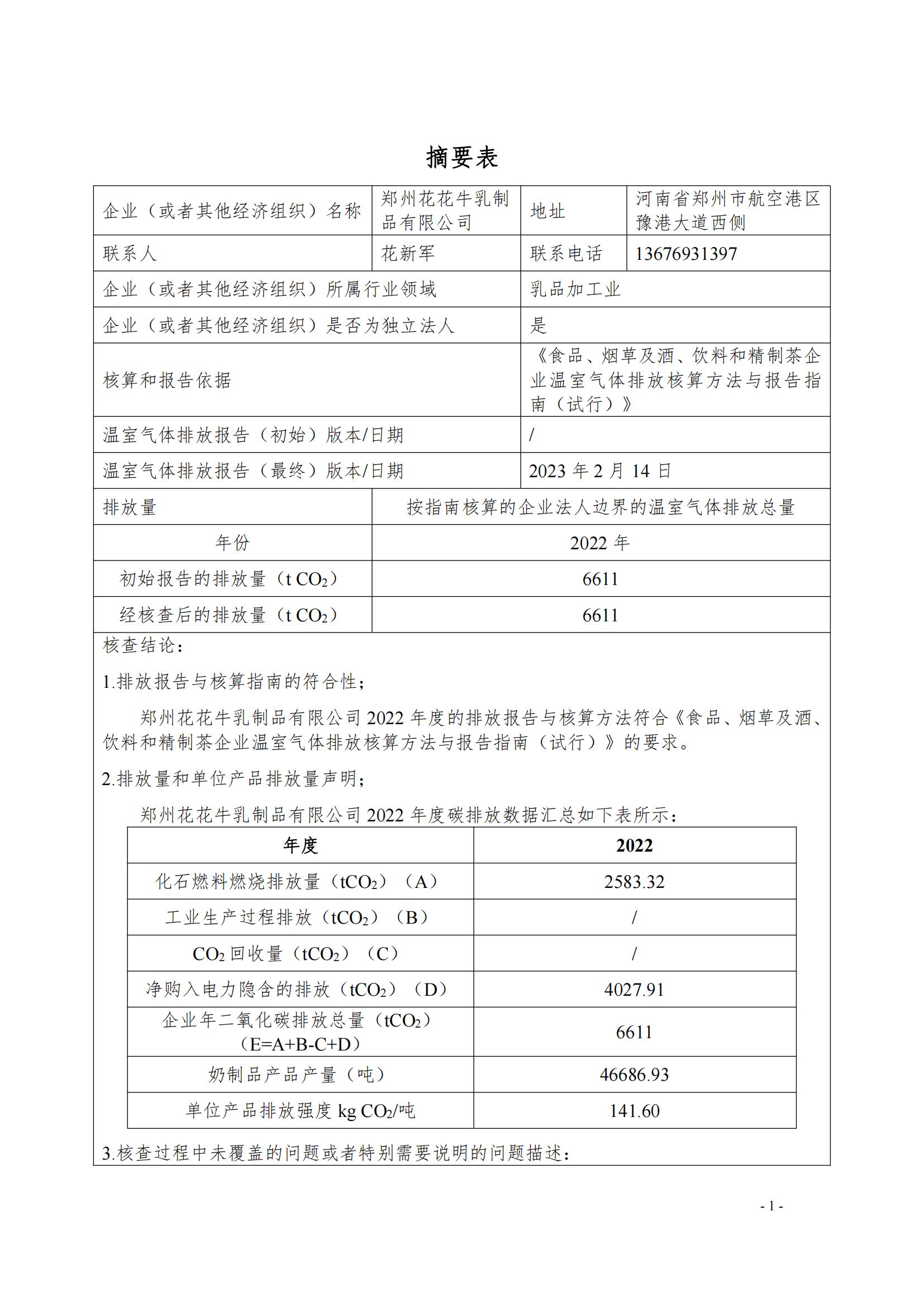 《郑州雷火体育·（TF SPORTS）官方网站乳制品有限公司2022年度温室气体排放核查报告》公示
