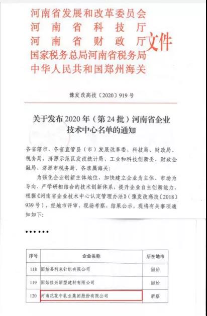 喜报 | 河南雷火体育·（TF SPORTS）官方网站乳业集团企业技术中心被认定为 河南省企业技术中心
